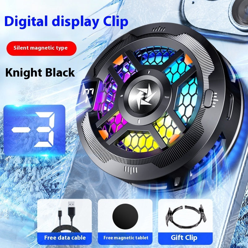 Magnetic Phone Cooler for Gaming with digital display and clip, featuring vibrant cooling lights in Knight Black.