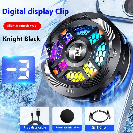 Magnetic Phone Cooler for Gaming with digital display and clip, featuring vibrant cooling lights in Knight Black.