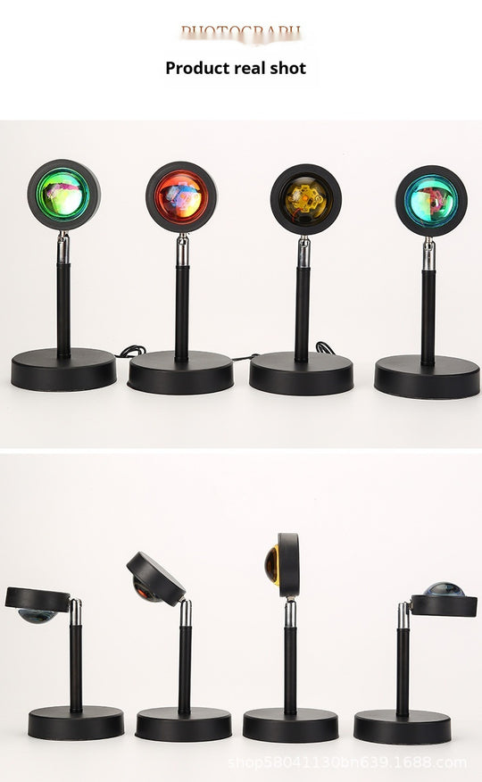 Sunset Projection Lamp displaying warm LED light effects in various colors and designs, showcasing aesthetic appeal.