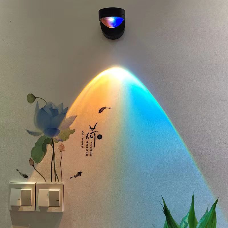 Rechargeable sunset wall lamp projecting warm ambient light