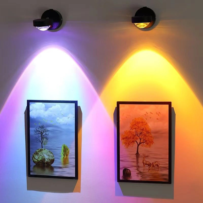 Rechargeable sunset wall lamp projecting warm ambient light