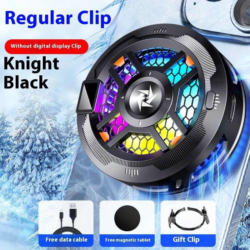 Magnetic Phone Cooler designed for gaming with colorful LED lights and clip attachment for overheating protection.