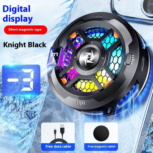 Magnetic Phone Cooler for gaming with digital display, silent magnetic type, and colorful LED lights.